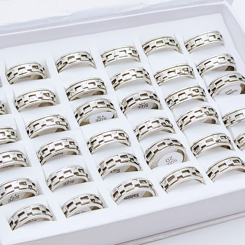 30Pcs/Lot Wholesale Stainless Steel Ring For Men Turnable Hollow Lock Chain Steel Colour Wedding Jewellery Gift