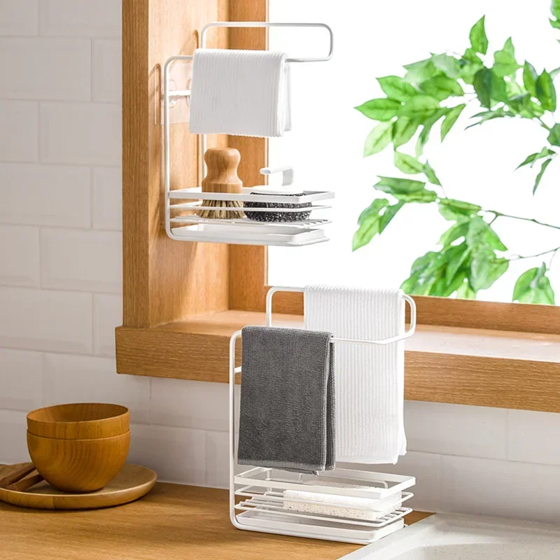 Kitchen Rag Rack Household Iron Art Wall-mounted Countertop Sponge Drain Storage Rack Kitchen Organizer Tools