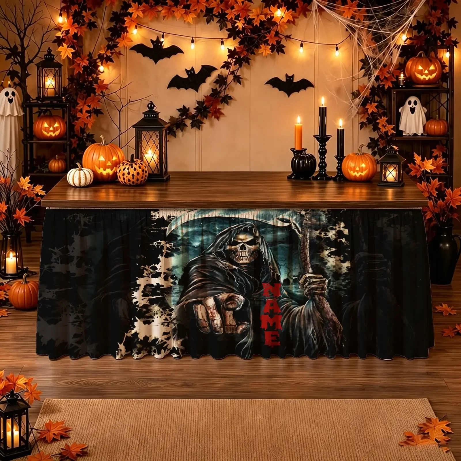 Halloween Christmas Party Tablecloth 1 piece - Grim Death God holding a sickle -Red text - Dark atmosphere background decoration