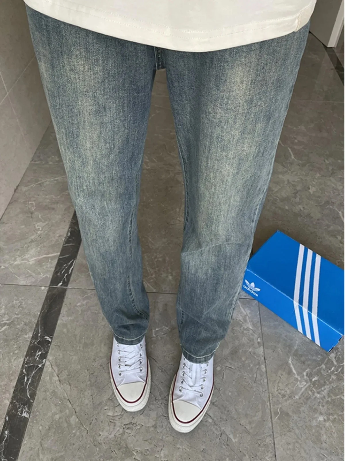 

Retro American Blue Straight Leg Jeans Men's Autumn Winter Fce High Waist Slimming Pants Lengthening Legs Micro Flared Pants