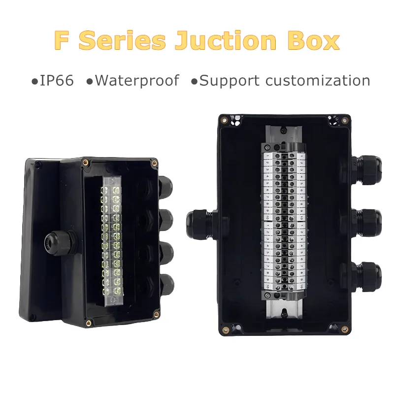 Customized F Series Black ABS Plastic Enclosure IP66 Waterproof Juction Box With PG Joints Terminal Block Support Customization