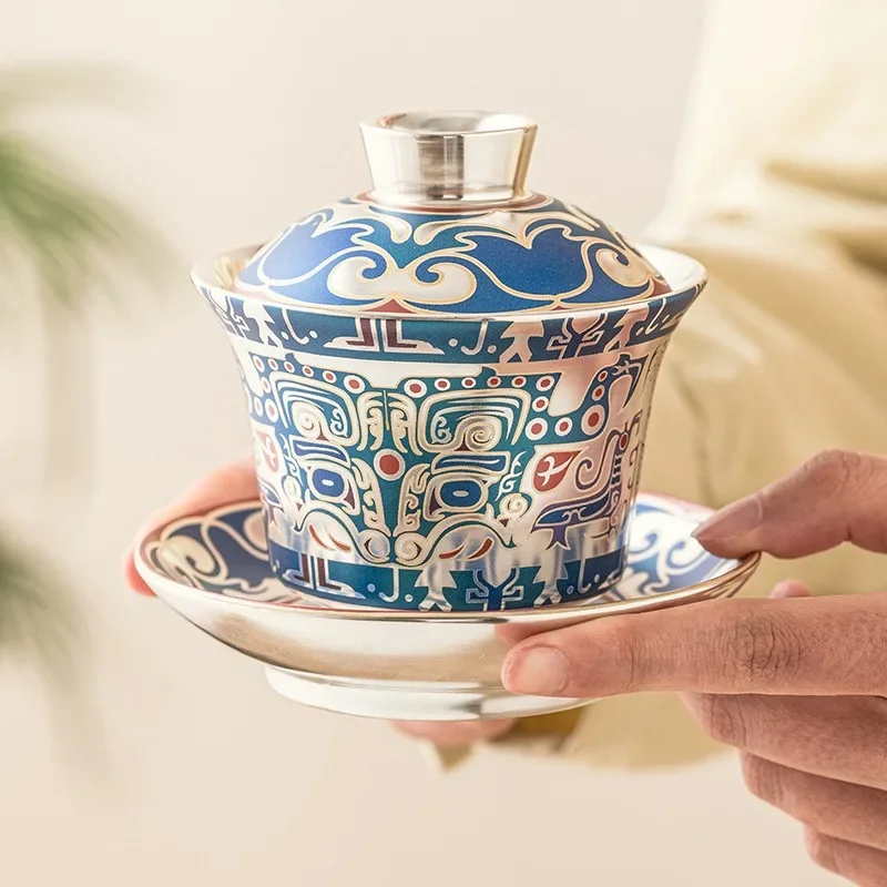 National Taotie Pattern Three Talent Cover Bowl KungFu Tea Brewer Hand-painted 999 Silver Light Luxury High-end TeaSet Tea Bowl