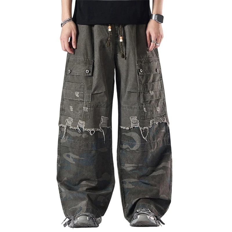 Men Japanese Streetwear Fashion Loose Casual Pure Cotton Camouflage Ripped Cargo Pants Trousers Cityboy Wide Leg Baggy Trousers