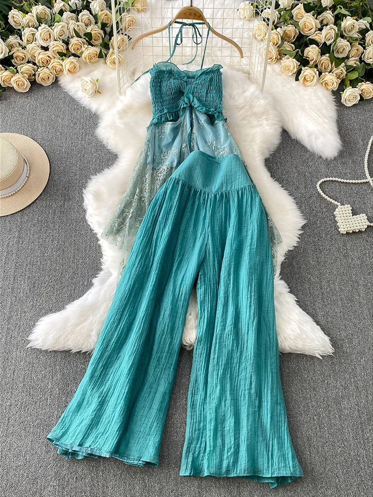 

American style sexy lace splicing medium long ear fungus edge hanging neck strap+high waist slimming wide leg pants set