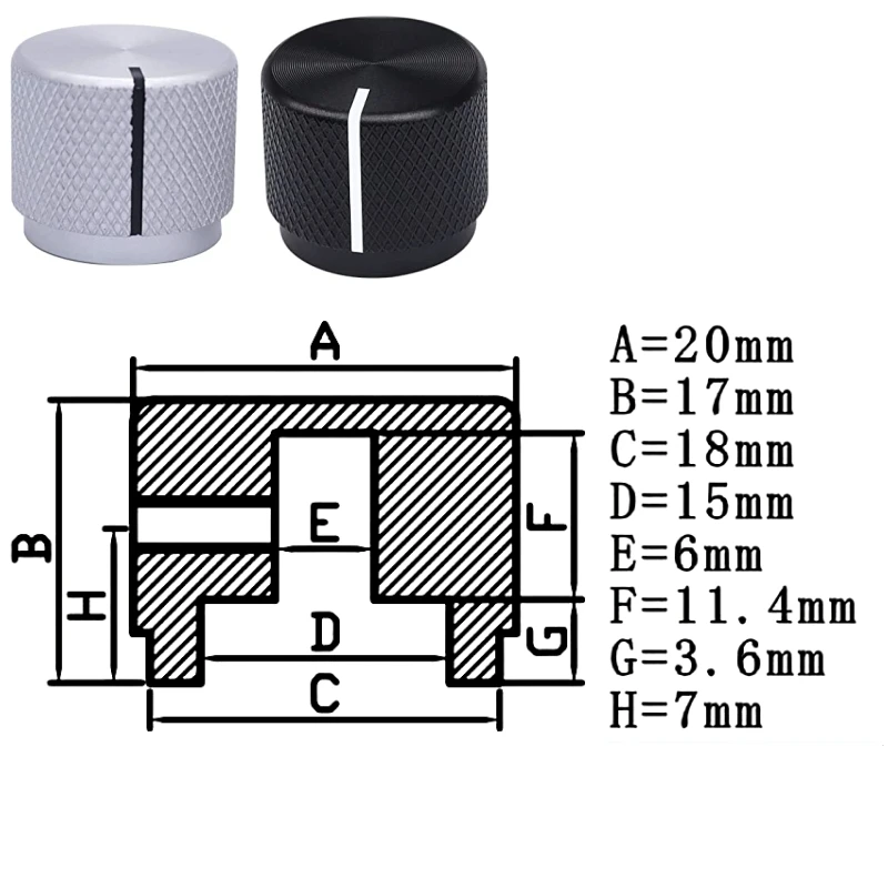 2pcs Guitar Knob Aluminum Rotary Electronic Control Potentiometer Knob Audio Switch Knob,20x 17mm（D&H) for 6 mm Diameter Shaft