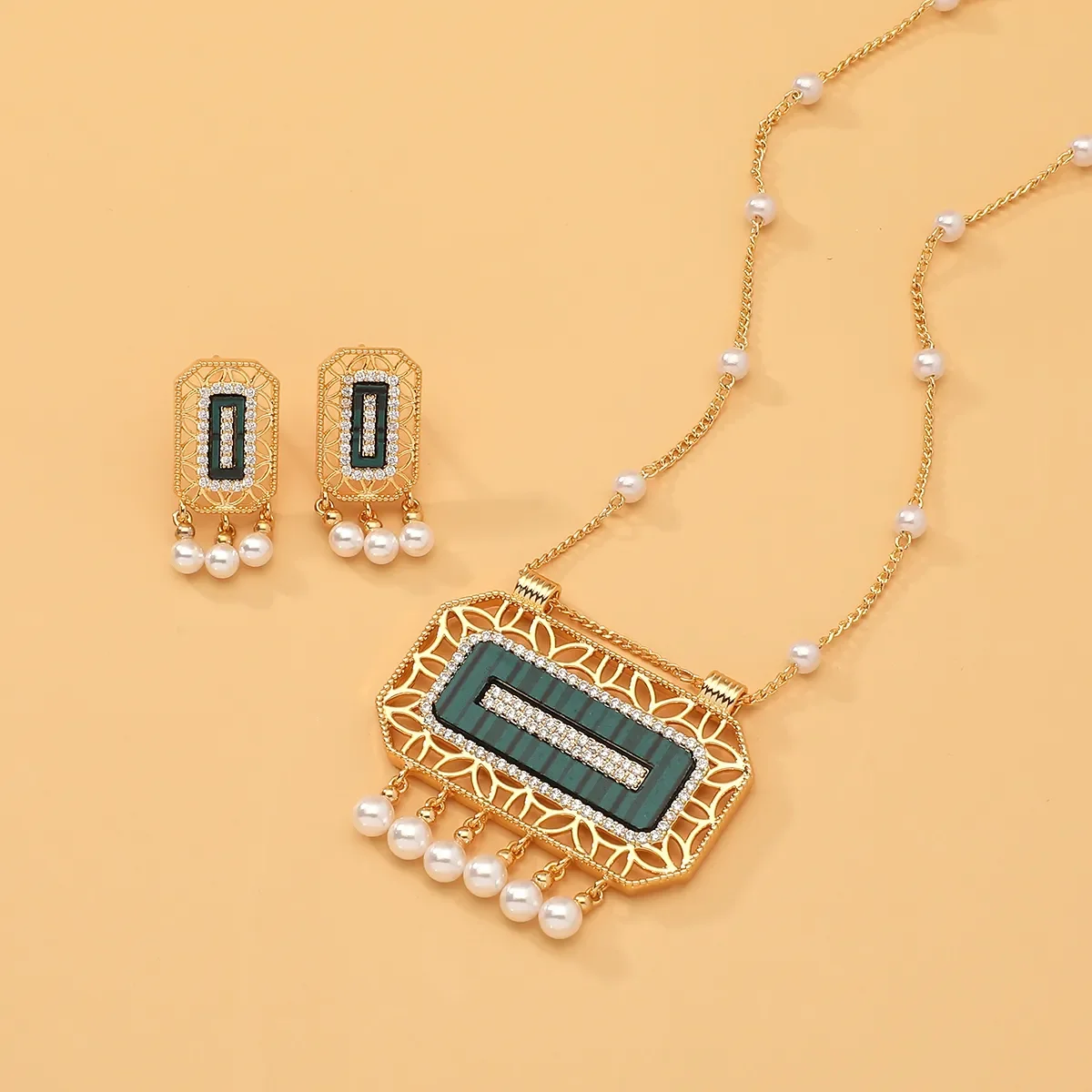 Women Fashion Long Chain Necklace & Earring Hollow Out Dubai Arabian style Shell Pearl Zircon Necklace Middle East Jewelry Set