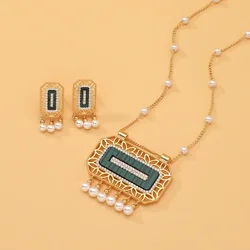 Women Fashion Long Chain Necklace & Earring Hollow Out Dubai Arabian style Shell Pearl Zircon Necklace Middle East Jewelry Set