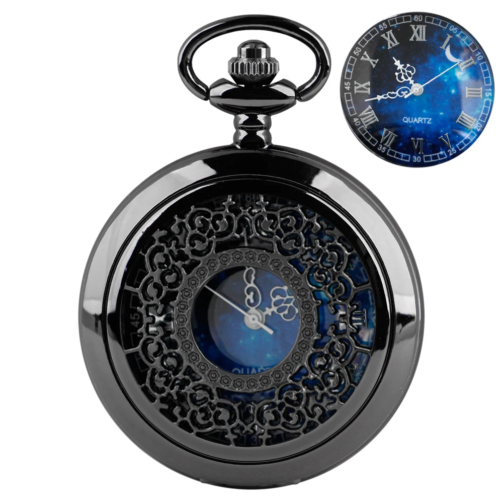 Vintage Black Starry Sky Hollow Retro Quartz Pocket Watch Pocket Watches for Women Men with Fob Chain Christmas Birthday Gifts