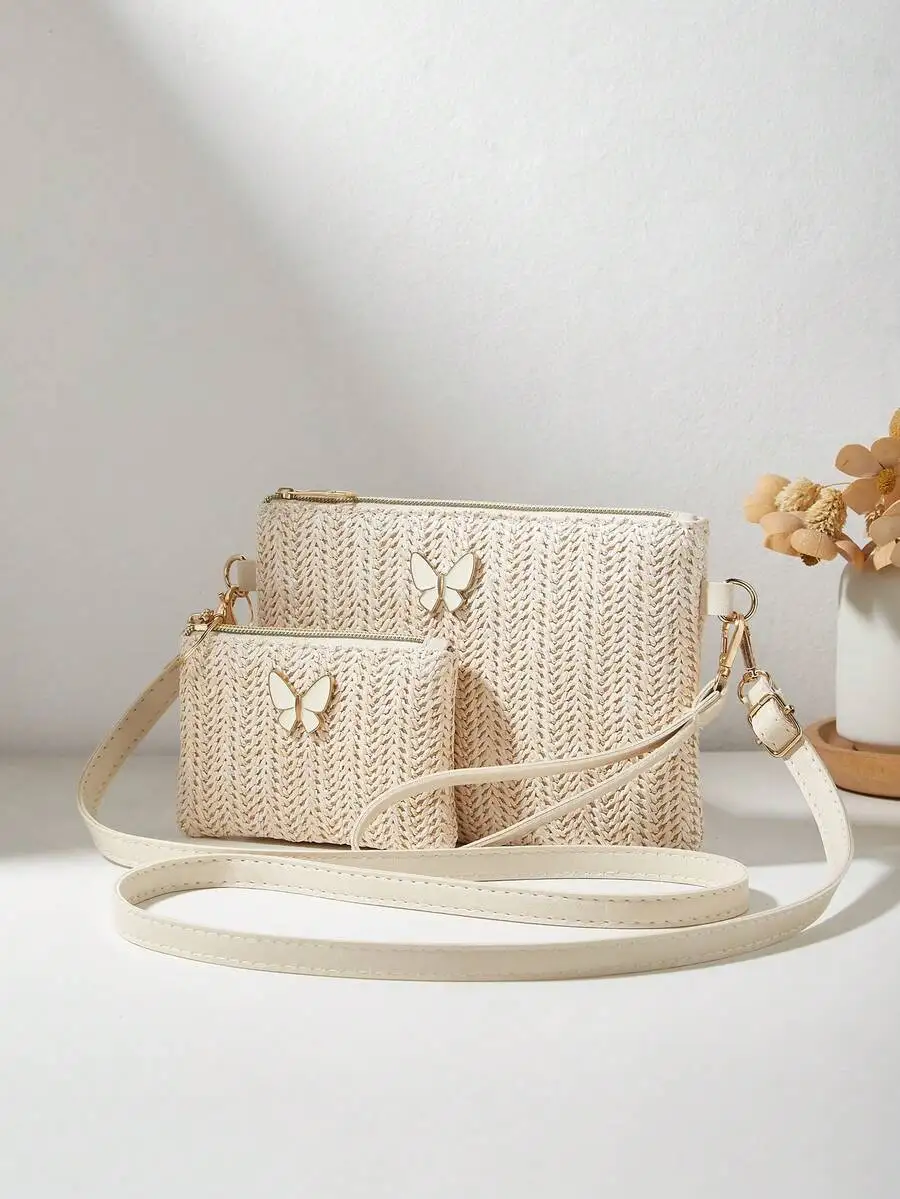 

2-Piece Set: Fashionable New Straw Shoulder Crossbody Clutch Bag, Coin Purse, Lightweight, Portable, Classic Casual, Suitable