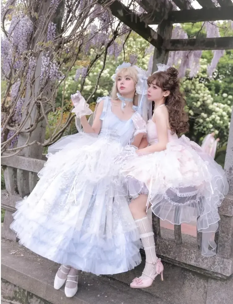 Abito Lolita oversize estivo senza fine dal design sussurro di Daydream, Lolita da sposa con fiori gemelli della migliore amica