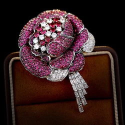 New High-end Red Corundum Zircon Micro-inlaid Rose Blossoms Brooch Pin Luxury Design Corsage Women's Coat Suit Accessories Pins