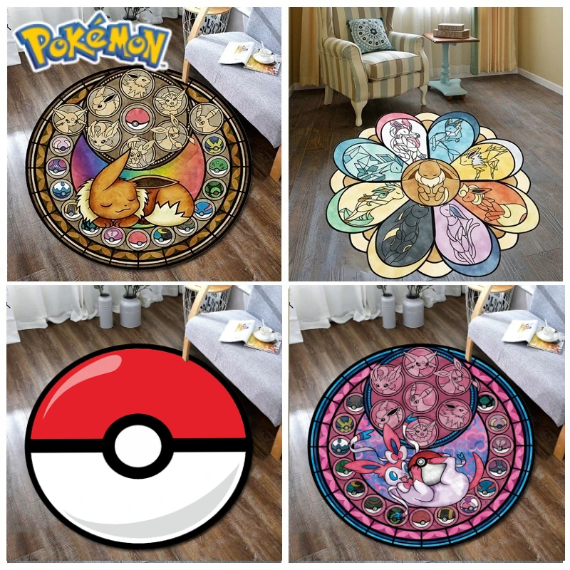 

New Kawaii Large Round Pokemon Carpet For Kid Room Anime Pikachu Play Rug Floormat Non-slip Bedroom Floor Mat Home Decoration