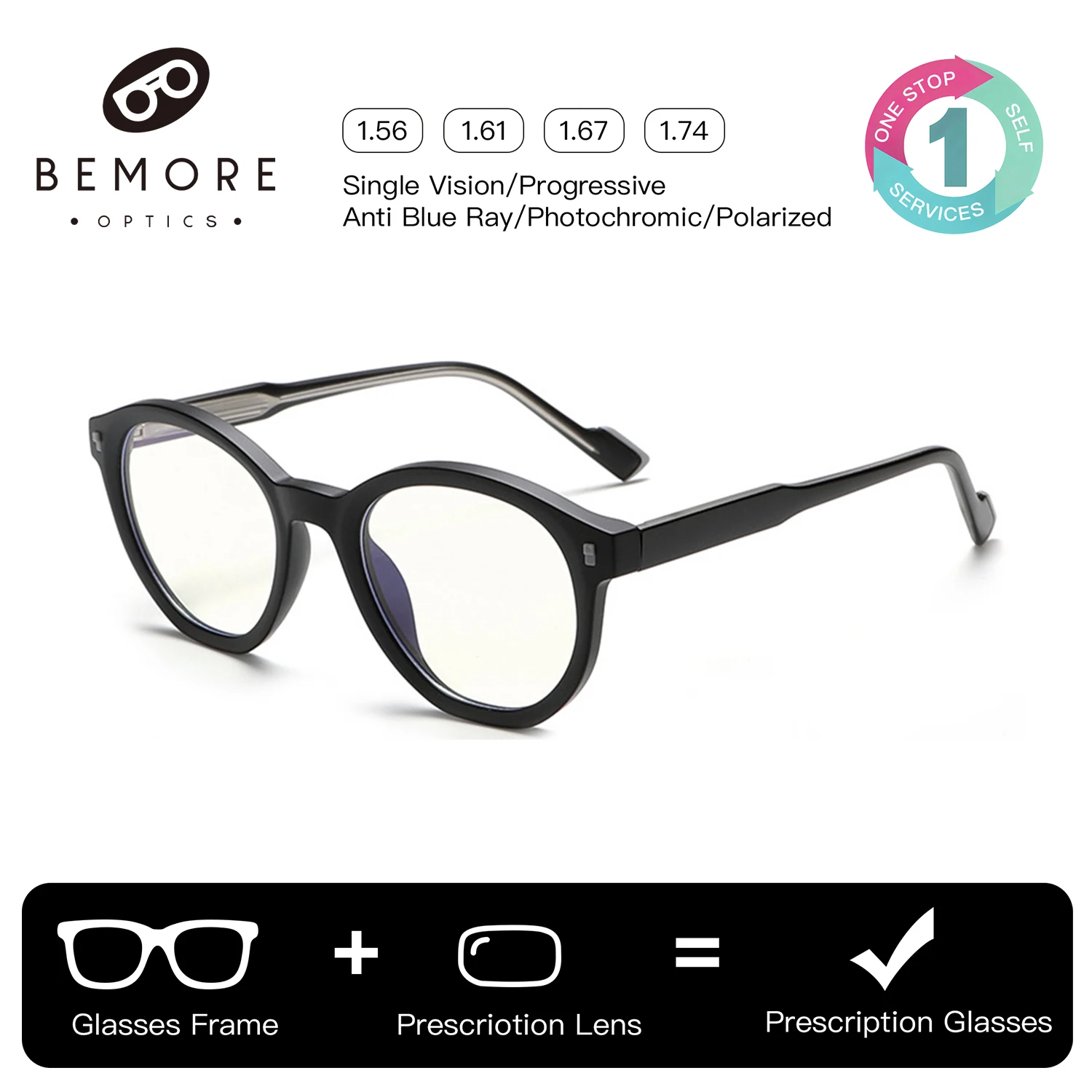 

BEMORE Round Acetate Optical Glasses Women Photochromic Anti Blue Light Lenses with Medical Prescription Eyeglasses