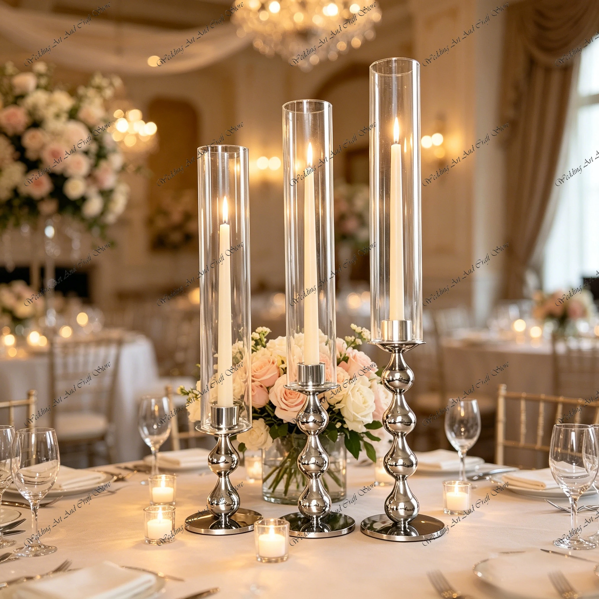 

6Set pcs/set f30 40-45-50cm Crystal Candle Holder Pillar Stand Candlestick Metal Base with Glass Tube Wedding Centerpiece Y1054