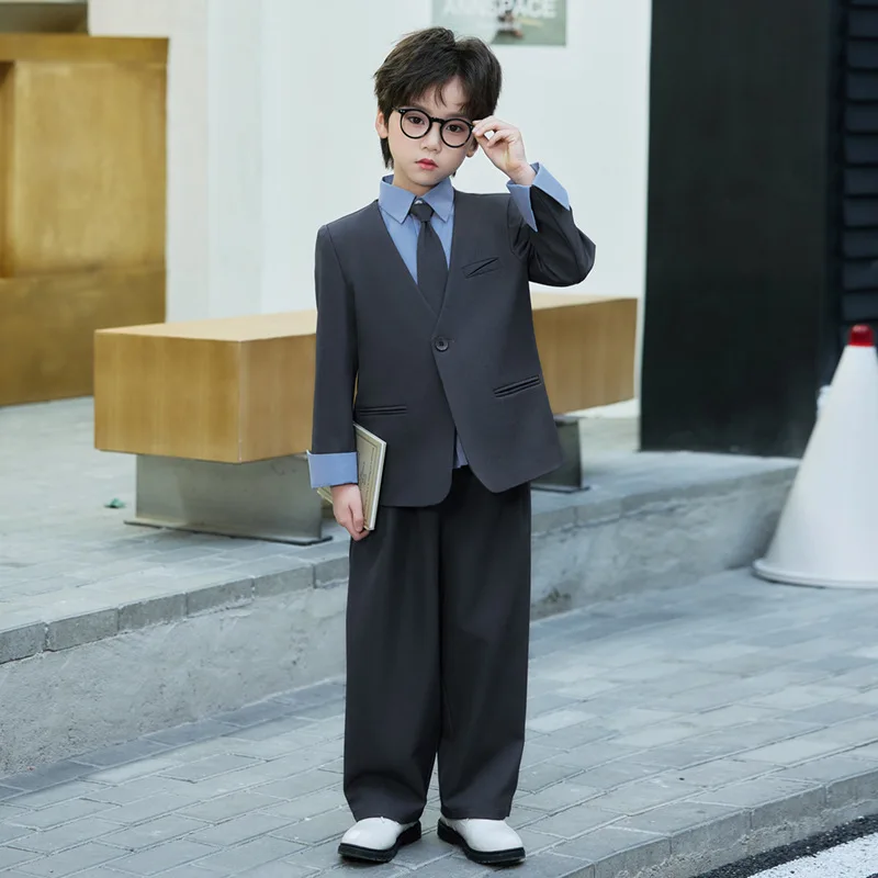 JUCPKID Spring Kids Boy 3PCS Suits Fake Two-piece Coat Pants Tie Elegant Suits For Children Boys Children Piano Host Speech Suit