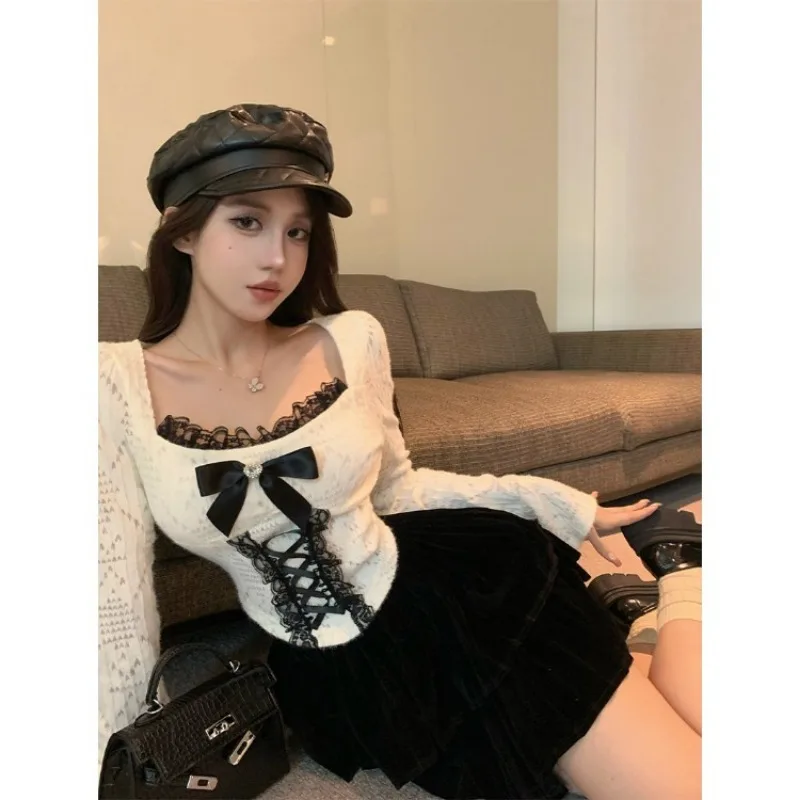 Elegant Square Collar Bow Lace Tops Mujer 2024 Early Qutumn New T-shirt for Women Y2k E-Girl Slim Fit Long Sleeve Pullover