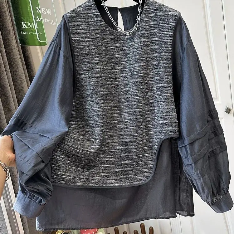 

Large Size 300 Pounds Patchwork Long Sleeve Loose Fit round Neck Men's Shirt Casual Style Spring Autumn New Style Versatile Top