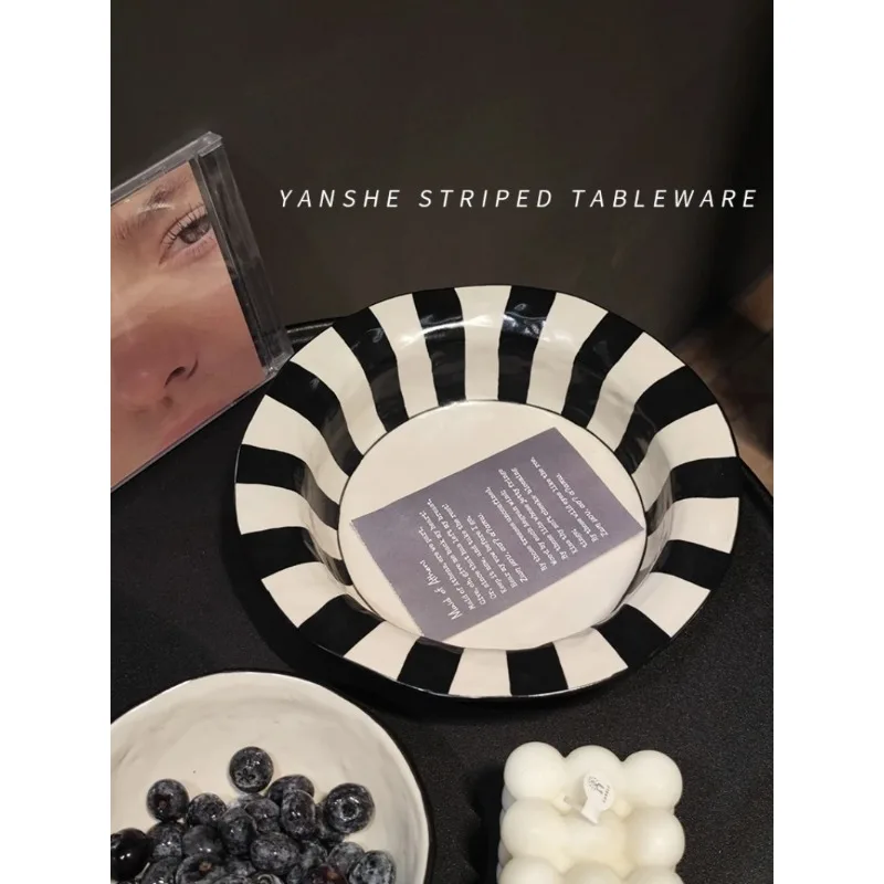 Black and White Striped Ceramic Tableware Deep Plates Straw Hat Plate Household Good-looking Dinner Plate Italian Pasta DishDish