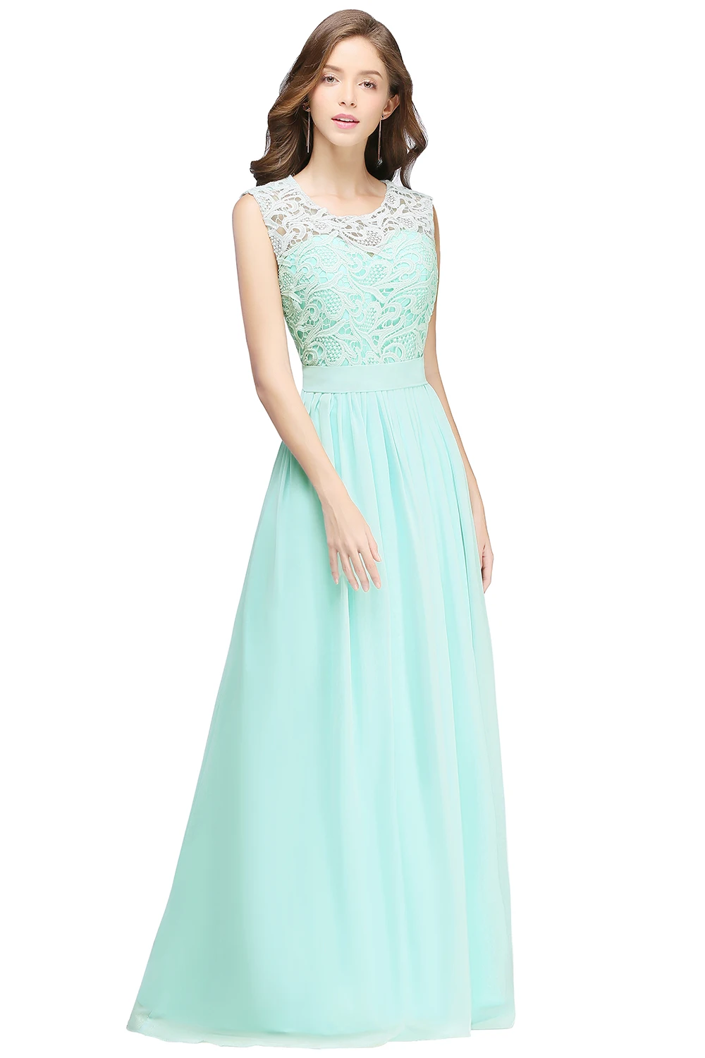 Elegant Mint Green A-Line Scoop Neckline Floor-Length Lace Sleeveless Chiffon Wedding Party Dress Women Zipper Up Bow Hollow Out