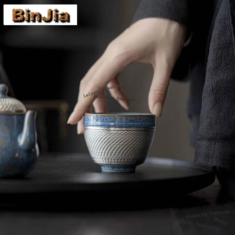 

130 мл японская Позолоченная серебряная керамическая чайная чашка ручной работы с обжигом, голубая чашка Master, чайная кружка, чашан, бытовая техника, подарок