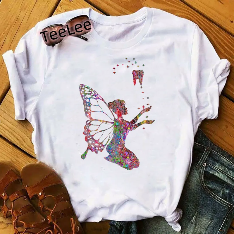 Fairy Tooth T-shirts Women Cute Aesthetic ShirtsWatercolor Graphic Tees Shirt Harajuku T Shirt Casual Fashion O-Neck Female Tops