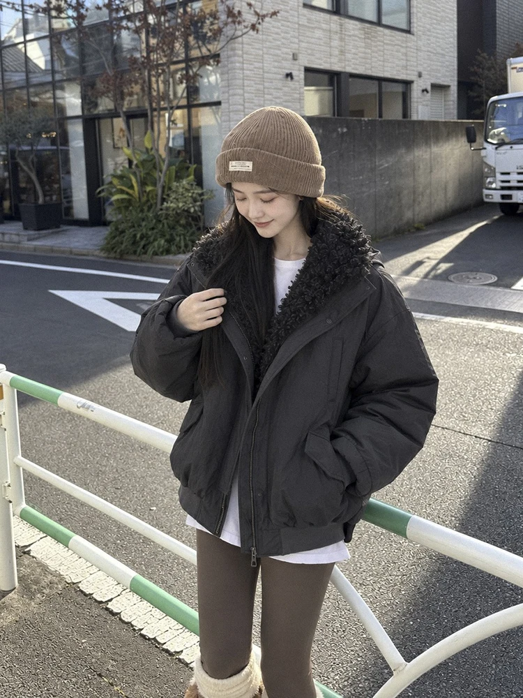 Winter Lamb Hair Stand Collar Down Jacket Female Warm Thick Cold Proof Jacket Women White Duck Down Double Loose Zipper Outwears