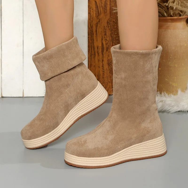 

Wedge Mid-barrel Boots Autumn New Round Toe Suede Sleeve Platform Anti-slip Wear-resistant Single Boots