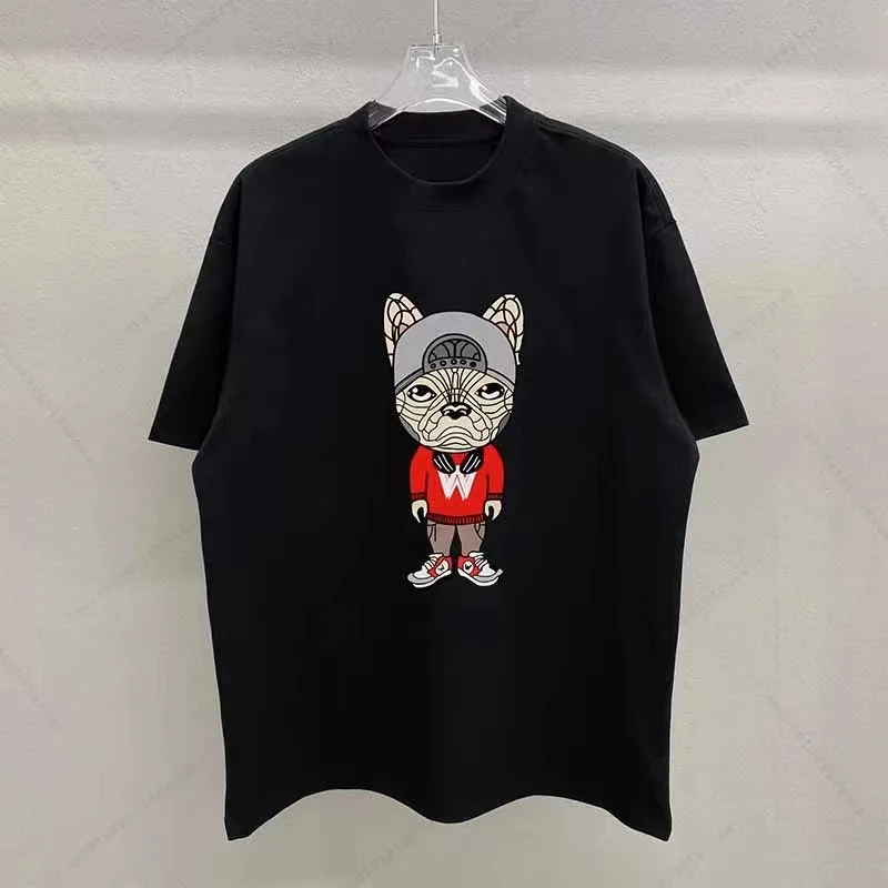 Men's cartoon French dog print T-shirt - Casual loose short-sleeved round-neck top - Streetwear