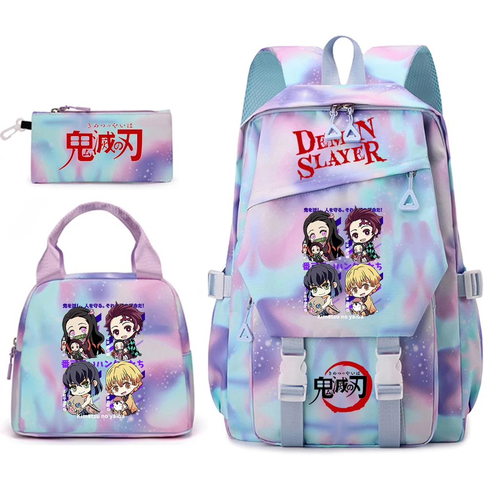 デーモンスレイヤーアニメスクールバックパックセット3個セット女の子用軽量学生ブックバッグランチバッグ付き鉛筆ケース
