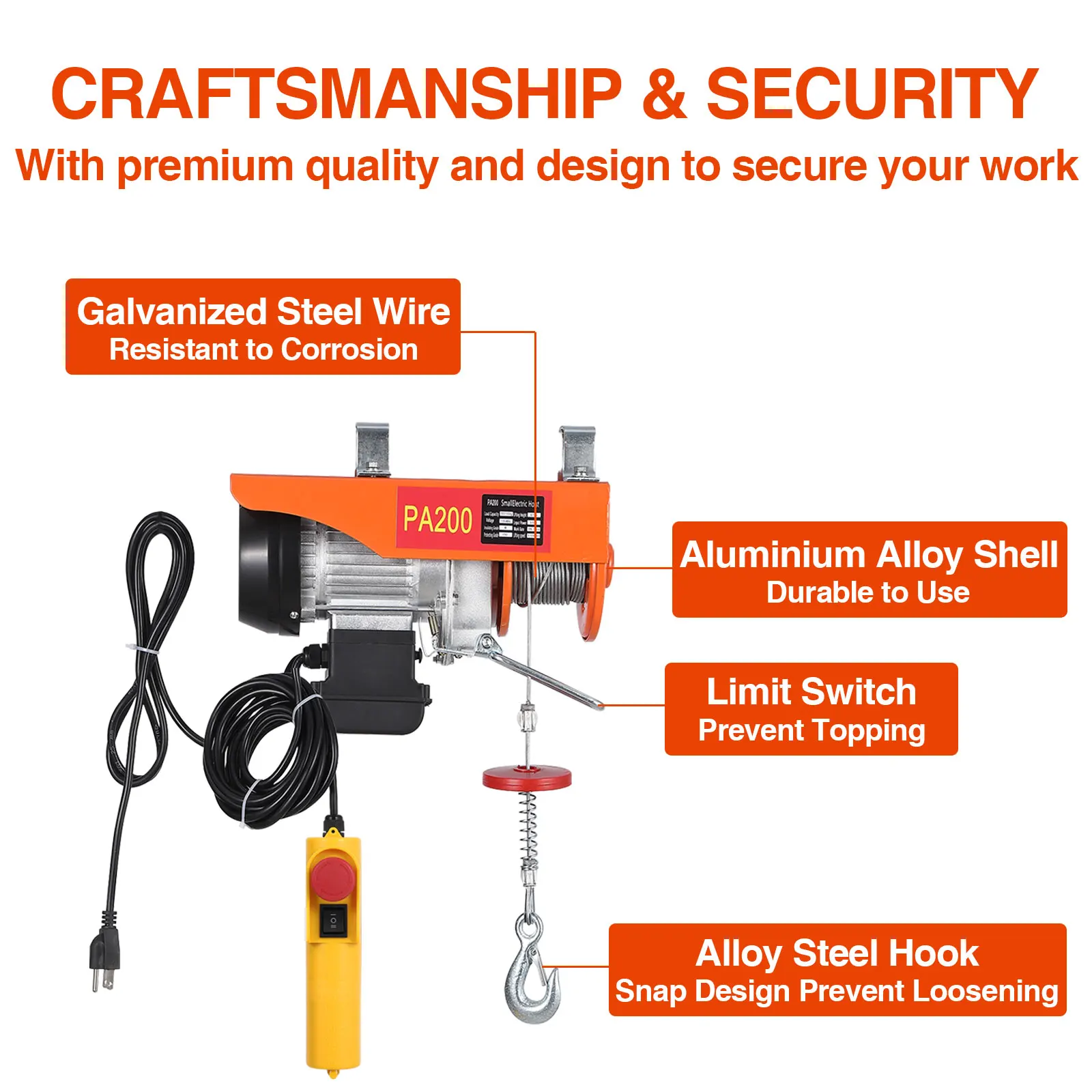 6.5ft Electric Hoist 110V 440 Lbs Winch with Remote Control,Zinc-Plated Steel Wire Hoist for Garage, Warehouses,Factories