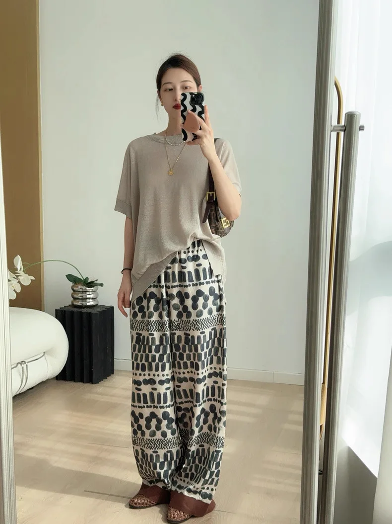 

Женские льняные брюки с высокой талией, прямым кроем, свободного кроя, с эффектом драпировки, стройнящие, с принтом «чернила», длинные