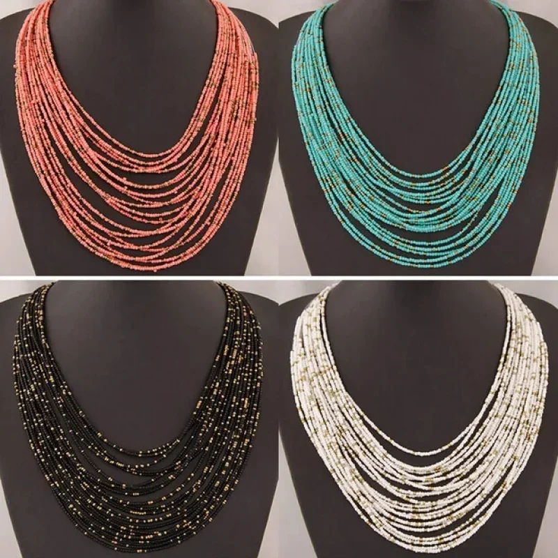 Charming personality fashion bohemian necklace long chain rice beads multi-layer necklace women's accessories jewelry