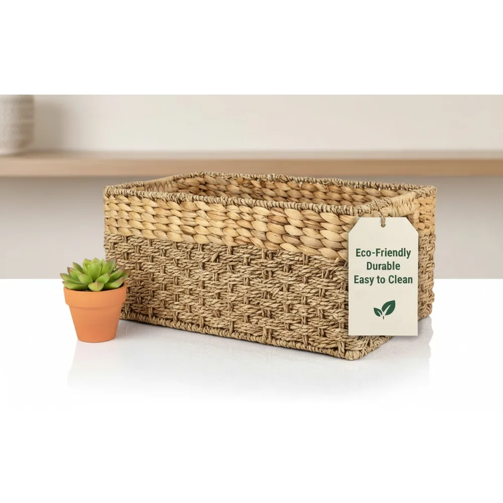 

Natural Seagrass Storage Basket with Handles, Medium Rectangular Organizer for Home Decor