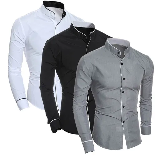 Camisa ajustada clásica de color sólido para hombre, camisa básica con cuello levantado y bloque de color sólido simple, cárdigan de retales con personalidad