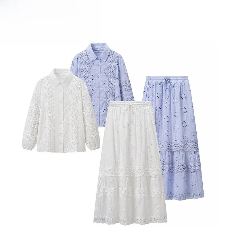 

Fashionable Lace Floral Embroidery Shirt And Skirt Set Women's Long Sleeve Spring Outfit Elegant Classy Two Piece Ensemble