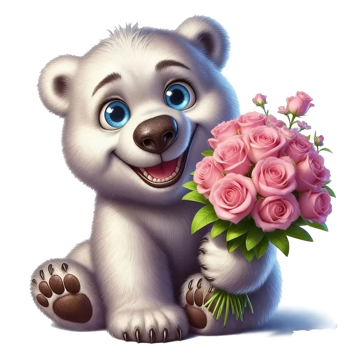 6-Inch Polar Bear Holding Fresh Flowers Vinyl Sticker, Suitable for Cars, Laptops, Water Bottles, Trucks Motorcycles, Windows