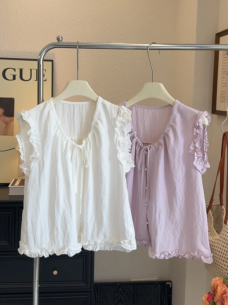 Camicia estiva da donna dolce nuovo stile con top capispalla ampio ed elegante con design a cordoncino con bordo fungo francese