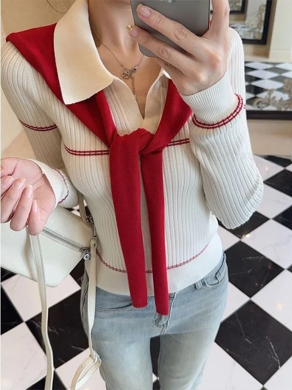 

Корейский стиль: вязаный свитер с цветными блоками и воротником, женский базовый топ с длинным рукавом, комплект из двух предметов, модный, весна-осень-зима