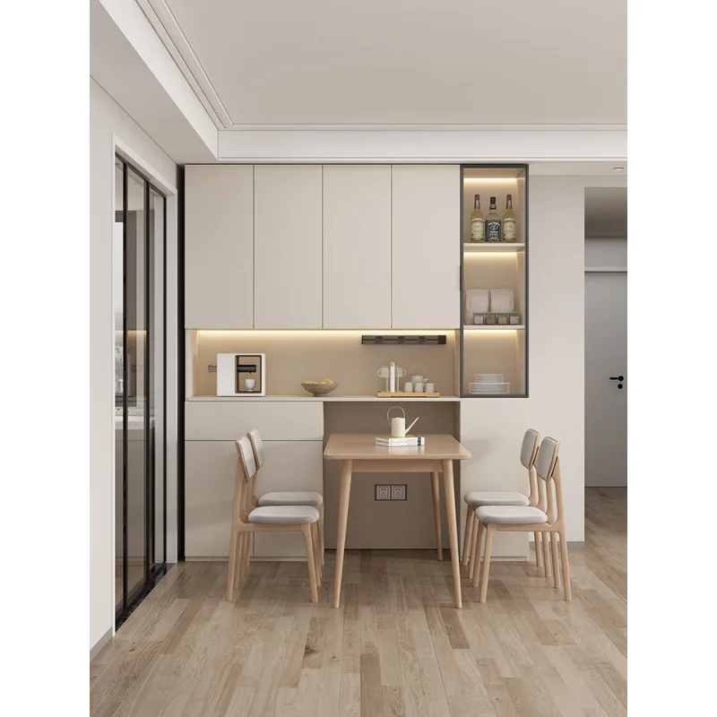 Solid Wood Dining Table Integrated Small Living Room Apartment Side Cabinet Against Wall Embedded Storage