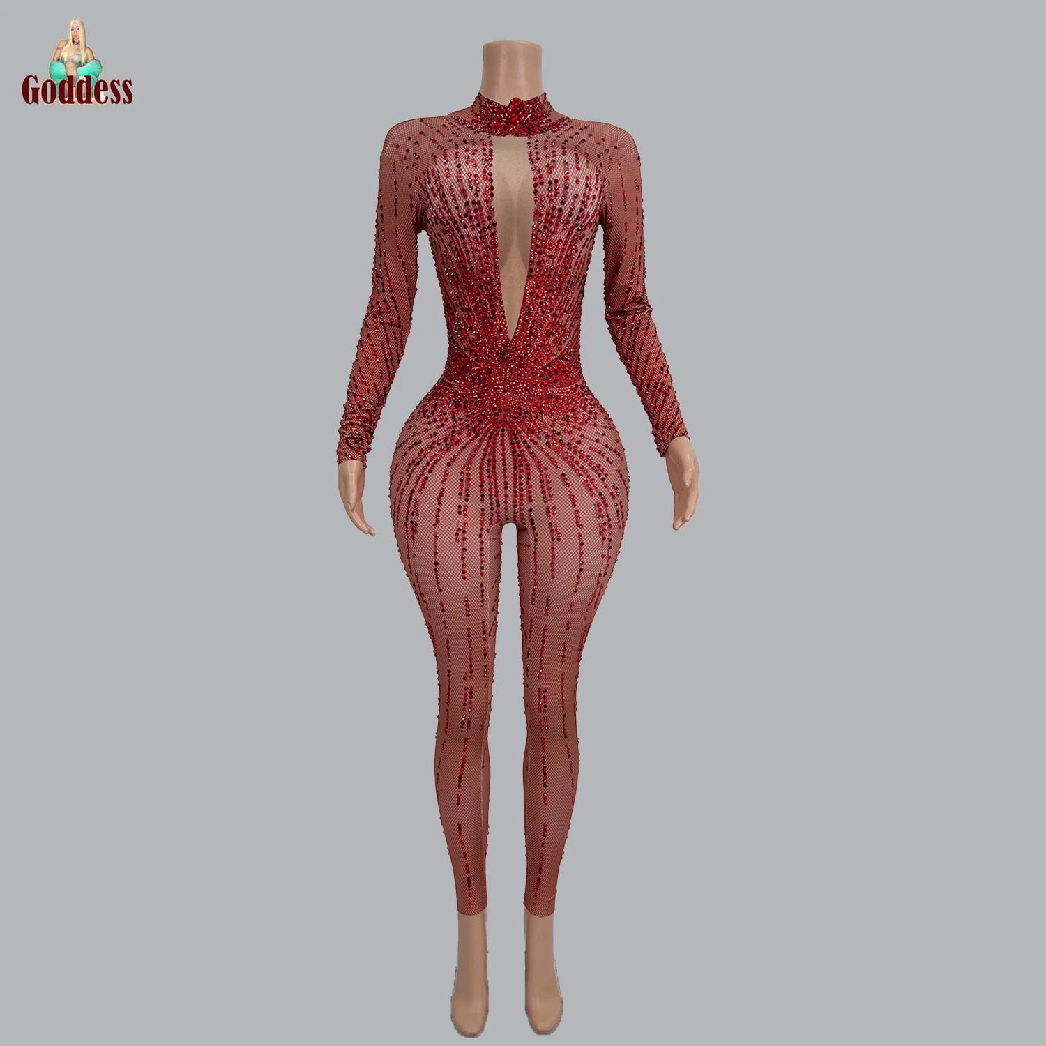 

Sparkly Red Rhinestone Nightclub Sexy Stage Show Elastic Tight Jumpsuit for Black Women Club Music Party Queen Bodycon Leggings