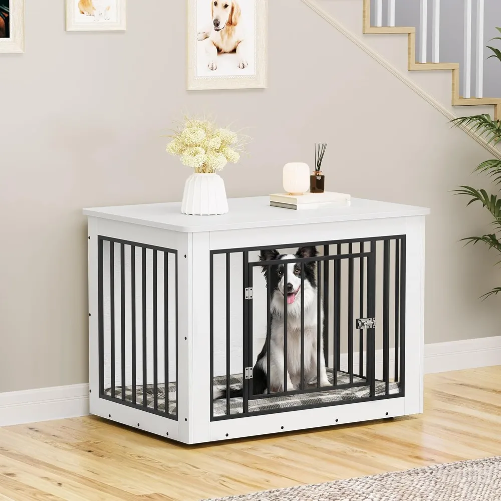 

38.2" L Dog Crate Furniture for Large Dogs, 2-in-1 Iron-Wood Fusion Dog cage Indoor up to 60 lb, Modern Dogs Kennel