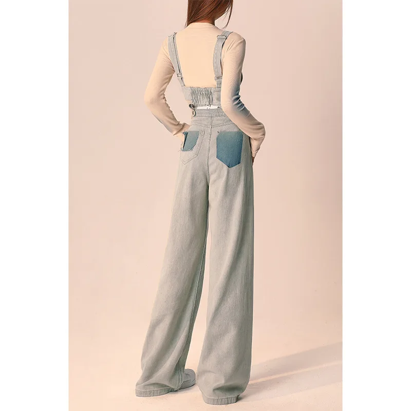 Detachable Light Colored Denim Overalls For Women's Spring And Autumn 2024 New Loose Wide Leg Long Pants