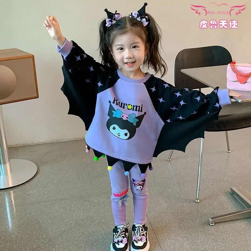 Girls Cinnamoroll Sweatshirt Suit Cartoon Sanrioed Melody Kuromi Kids Wing Tops Cute Leggings Spring Autumn Fashion Kids Clothes