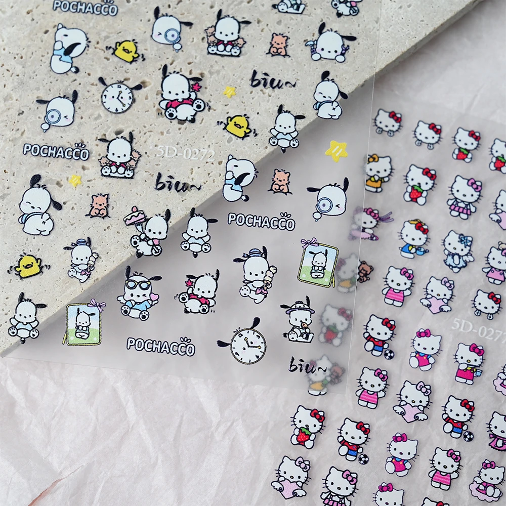 1pc 5d em relevo kawaii olá kitty kuromi adesivos de unhas melodia pochacco cinnamoroll decalques adesivos diy dos desenhos animados manicure sliders
