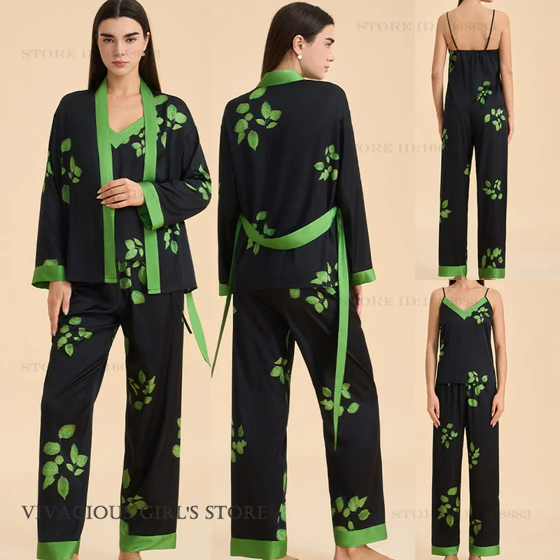 

Spring Autumn 3PCS Pajamas Set Sleepwear Print Flower Female Night Wear Pijamas Suit Loose Silk Satin Home Clothes Lounge Wear