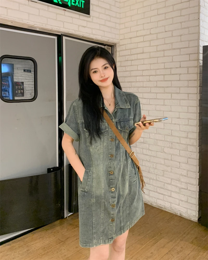 

plus Size Collar Denim Dress Women Summer New Design Loose Shirt Dress Korean Style Pure Color Button Detail Mid-Length ...