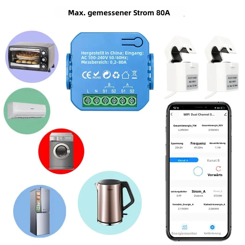 WLAN-Energiezähler mit bidirektionalem Stromzangenmessgerät und Split-Core-CT 80A, App-Fernüberwachung für Import/Export-Leistung, AC110V/240V 50/60Hz, kompatibel mit Tuya, Smart Life