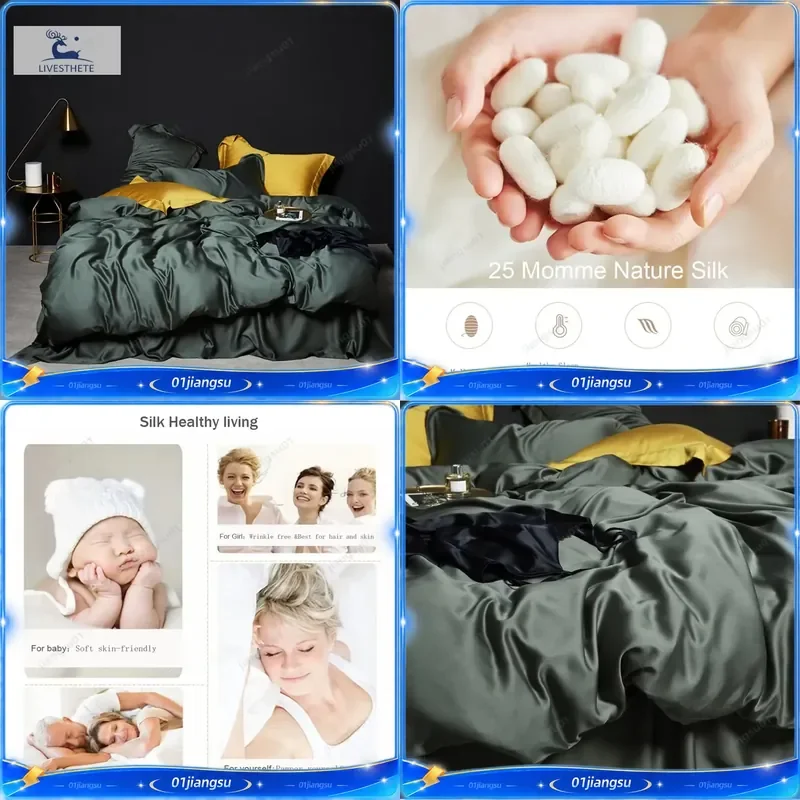 Liv-Esthete Dark Green 100% Pure Silk Bedding Set Luxury Queen King Duvet Cover Flat Sheet Pillowcase Healthy Bed Linen Sets
