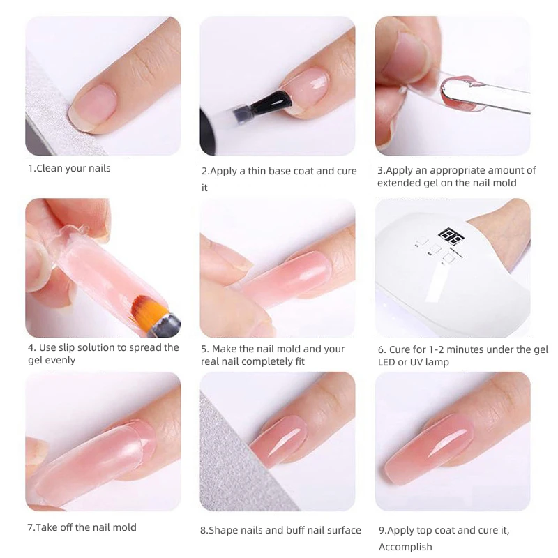 Poly Nail Gel Kit with 6W LED Lamp, All-In-One Set for Manicure, Semi-Permanent Extension Gel and Acrylic French Nails with Tool