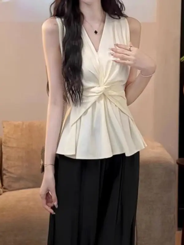 Blusa sin mangas con cuello en V y cintura anudada con encaje, estilo coreano, sexy y ajustada, para mujer, ideal para el ver...
